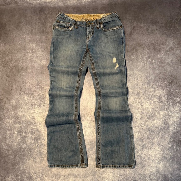 Stitch's Denim - Y2K Stitch's Women Blue Distressed Bootcut Jeans Size 28 Low Rise Flap Pocket